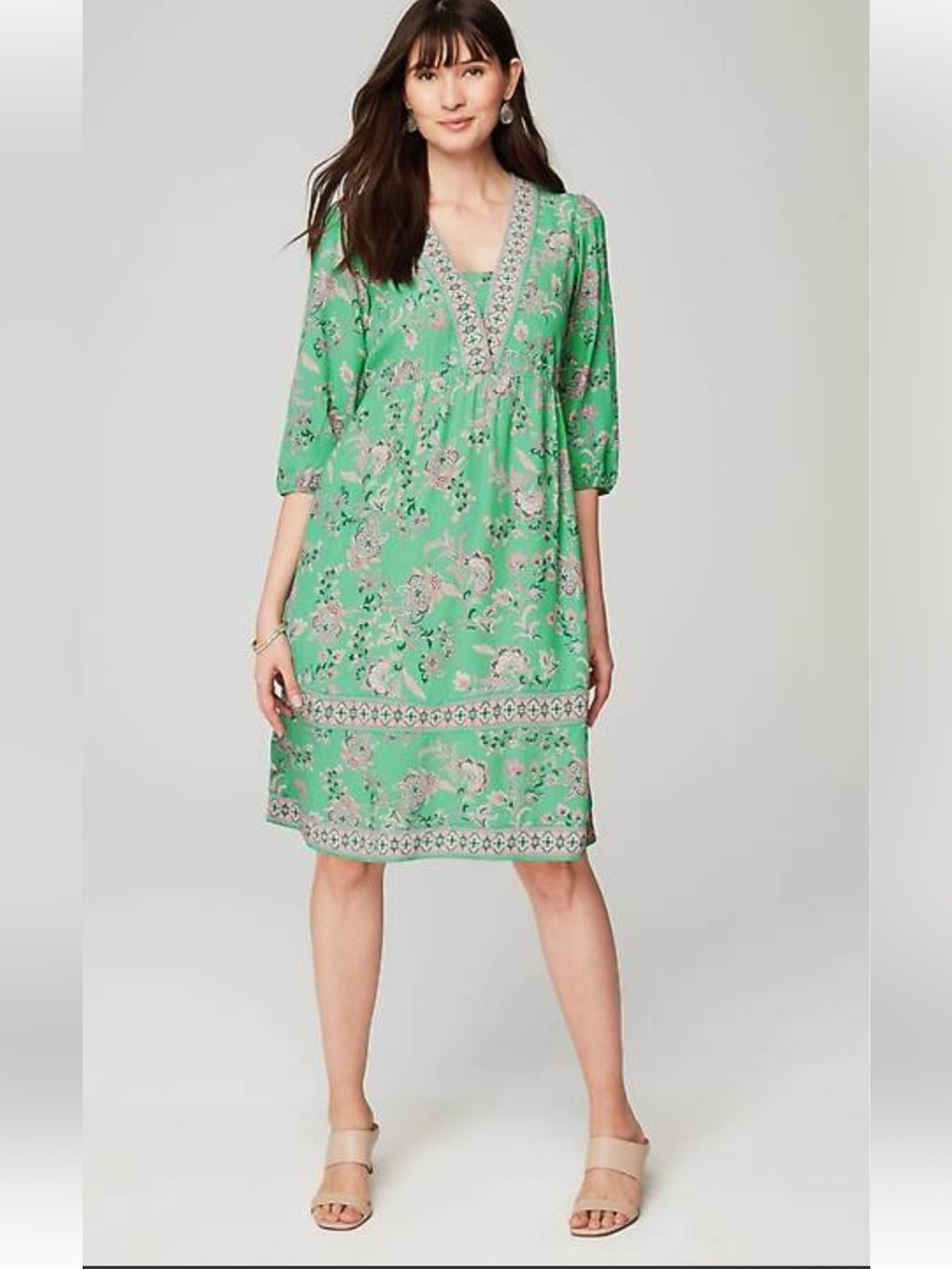 NWT J. Jill Border-Printed Flounced-Hem Green and Pink Floral Dress - XLP